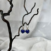 Blue gemstone earrings on a black branch against a white background