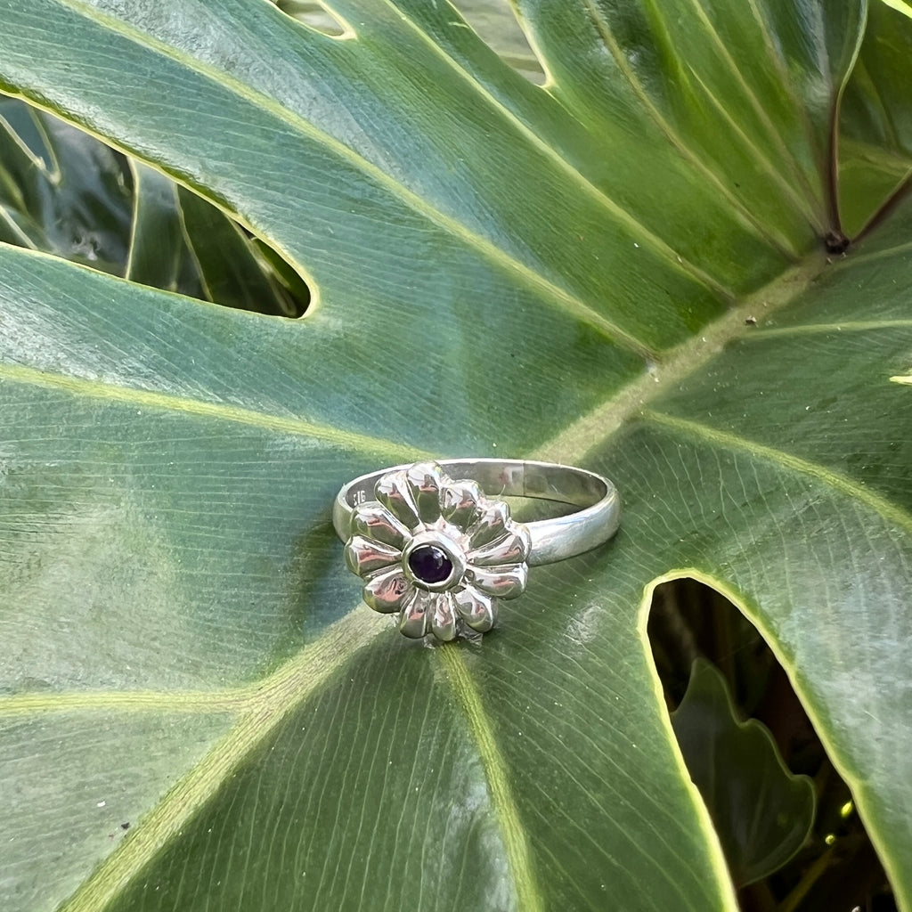 Silver ring with a dark gemstone on a large green leaf