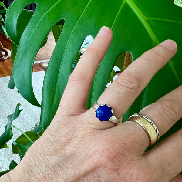 Hand wearing a gold ring with a blue gemstone in front of green leaves