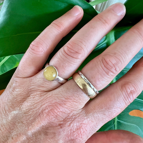 Hand wearing two rings with a green leafy background