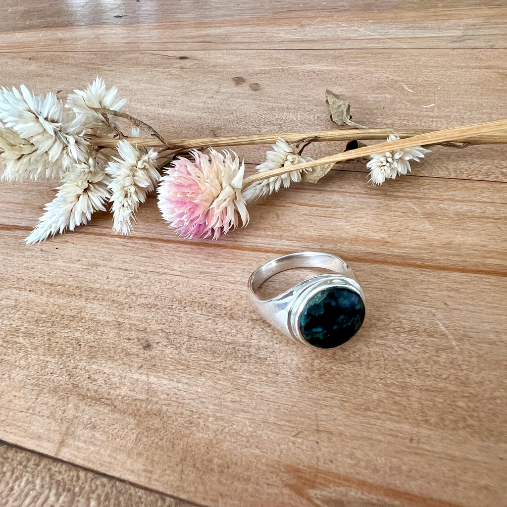 Silver ring with a dark stone on a wooden surface with dried flowers