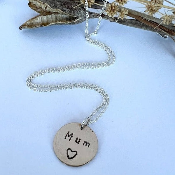 Mum Disc Necklace, stamped bronze