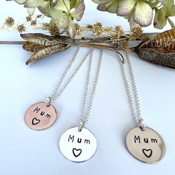 Mum Disc Necklace, stamped copper