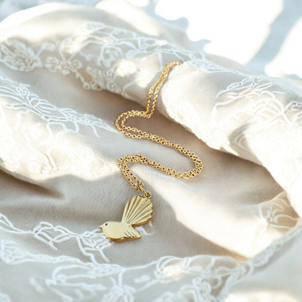 Petite Pīwakawaka - Fantail Necklace, Gold Plate