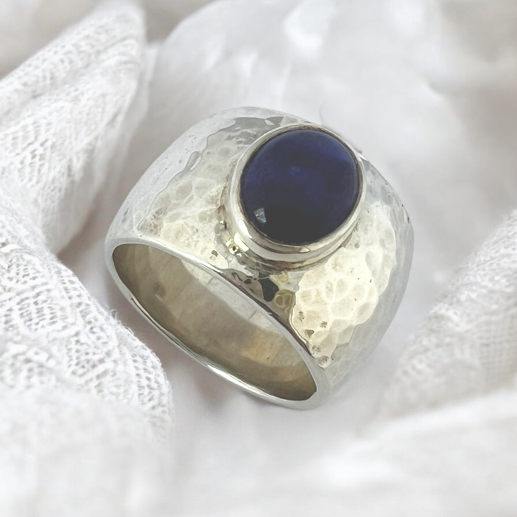 Wide Textured Silver Ring with Lapis Lazuli
