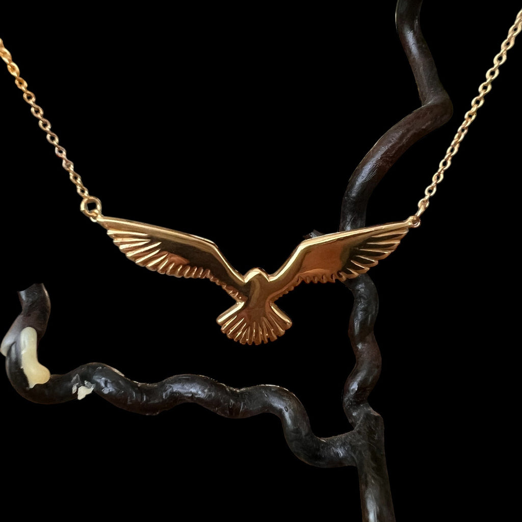 Gold Cooks petrel pendant on a black background