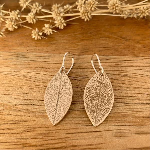 Petite Leaf Earrings, Imprinted Bronze