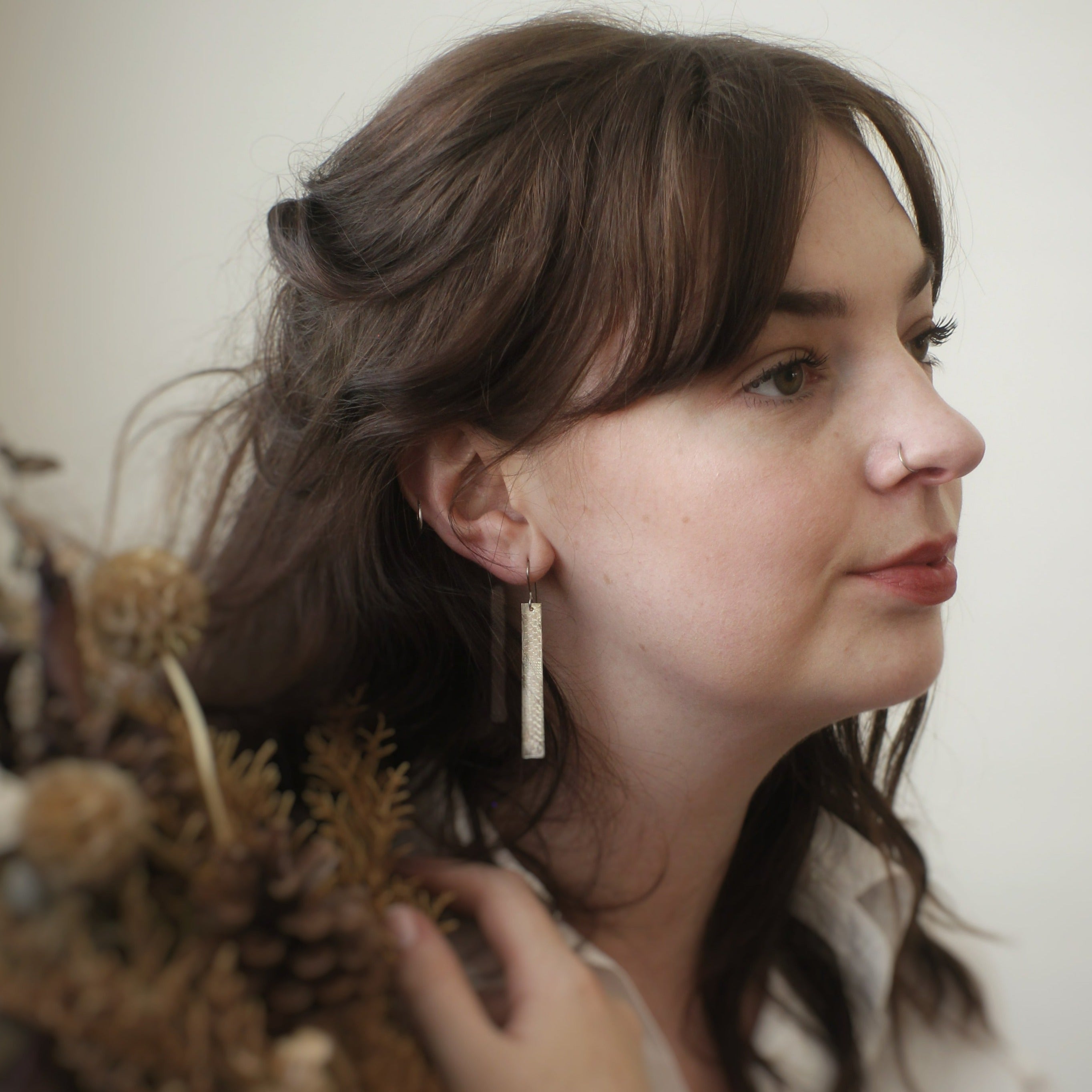 Bar Earrings, Embossed Silver