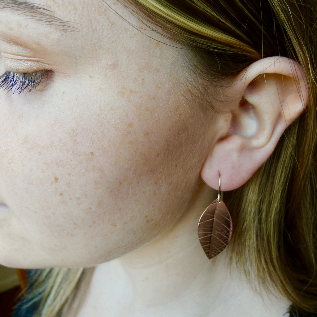 Copper leaf earrings with leaf skeleton imprint, 35mm x 17mm, silver hooks, handmade by Tania Mallow Jewellery