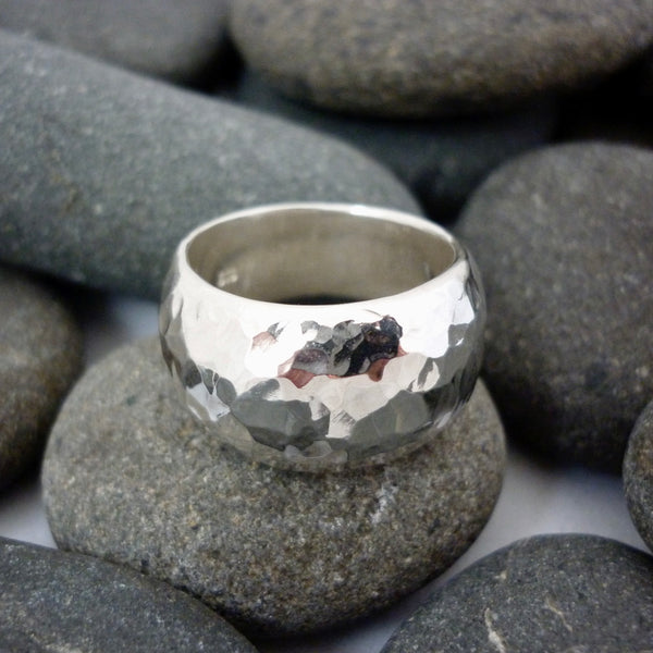 Chunky silver domed ring with a hammered texture finish, by Tania Mallow Jewellery